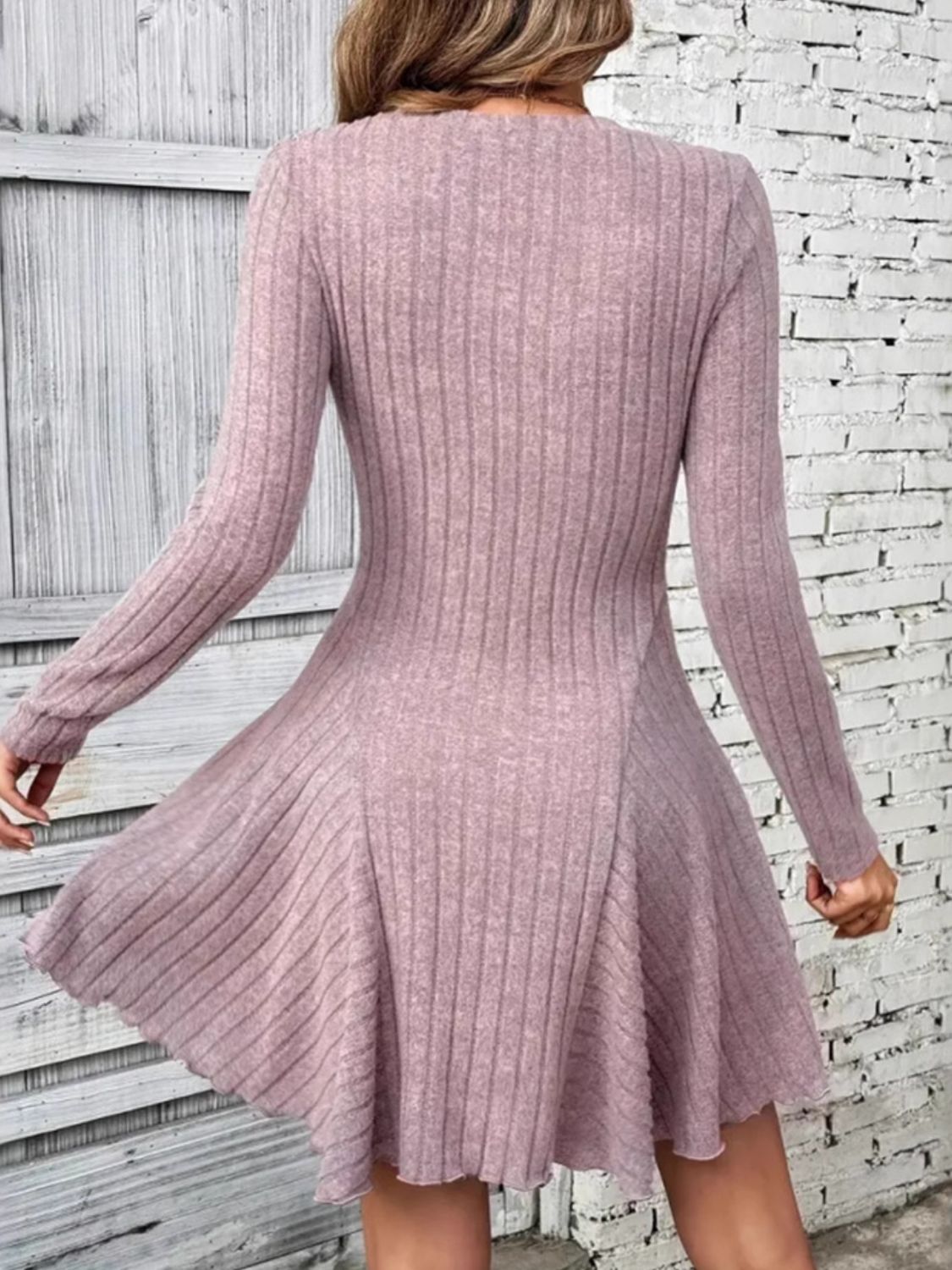 Ribbed Round Neck Long Sleeve Mini Dress - Enfance-Heureuse