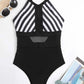 Mesh Detail Backless Striped One-Piece Swimsuit - Enfance-Heureuse