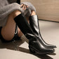 British Style Square Toe Mid-heel Thick Heel White Cowhide High Leg Boot Back Zipper - Enfance-Heureuse