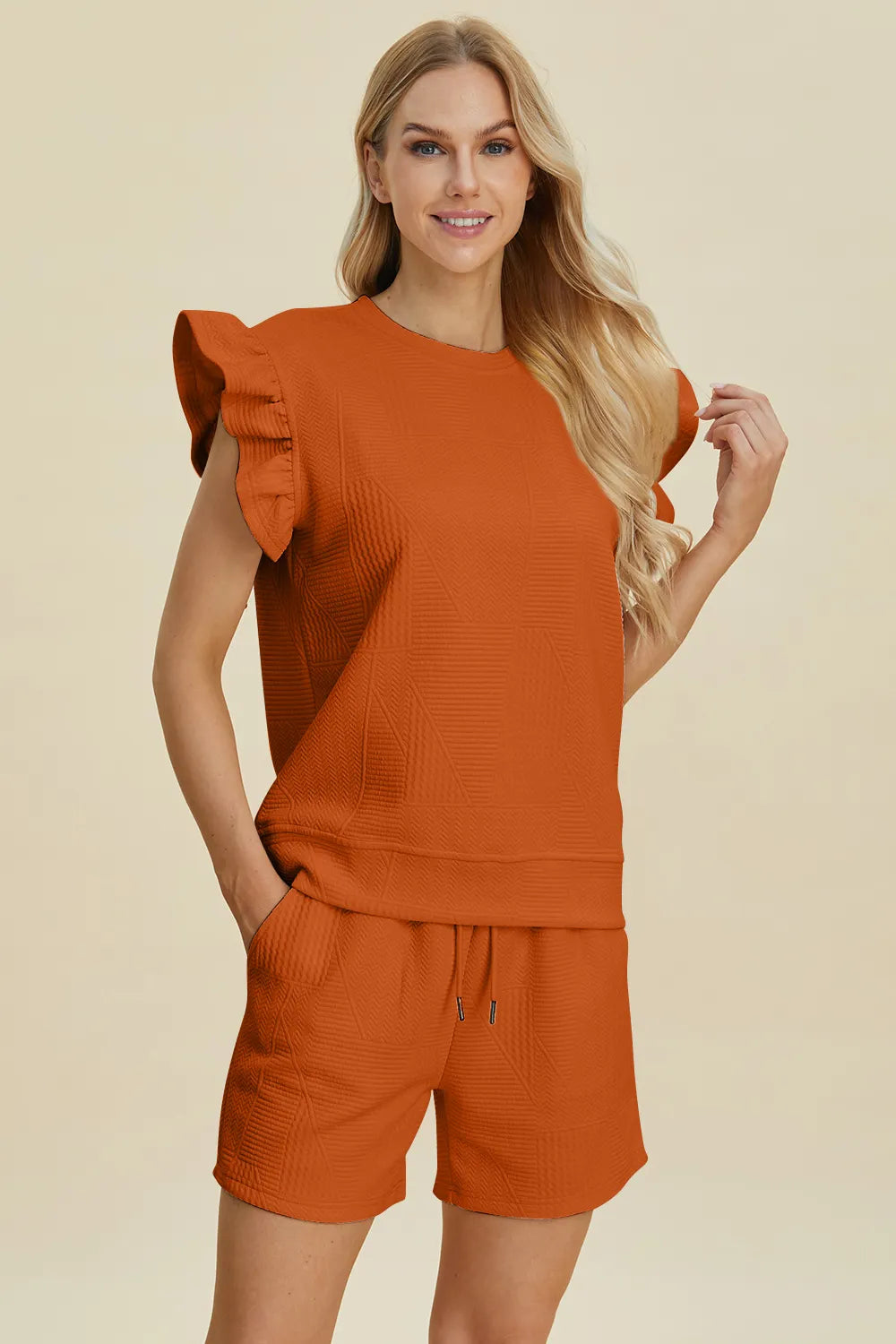 Double Take Full Size Texture Round Neck Ruffle Sleeve Top and Shorts Set - Enfance-Heureuse