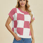 Double Take Full Size Checkered Round Neck Short Sleeve Sweater - Enfance-Heureuse
