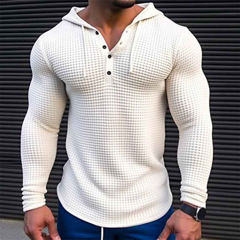 Men's Pullover Casual Long Sleeve T-shirt Waffler Slim Tops Sweat-shirt Solid Color Comfortable Mens Outdoor Streetwear S-3XL - Enfance-Heureuse