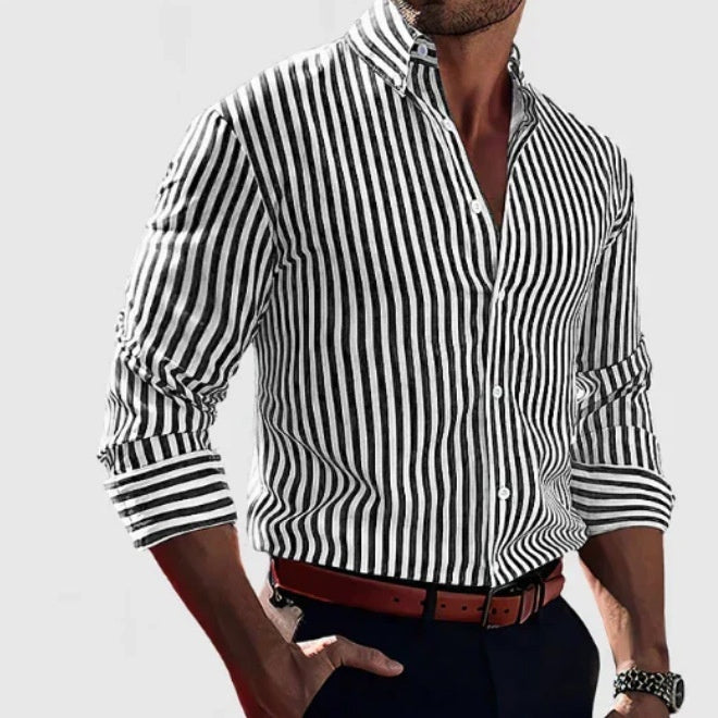 Ins Stripe Printed Long Sleeve Shirt Men Fashion Casual Lapel Button Top Clothing - Enfance-Heureuse