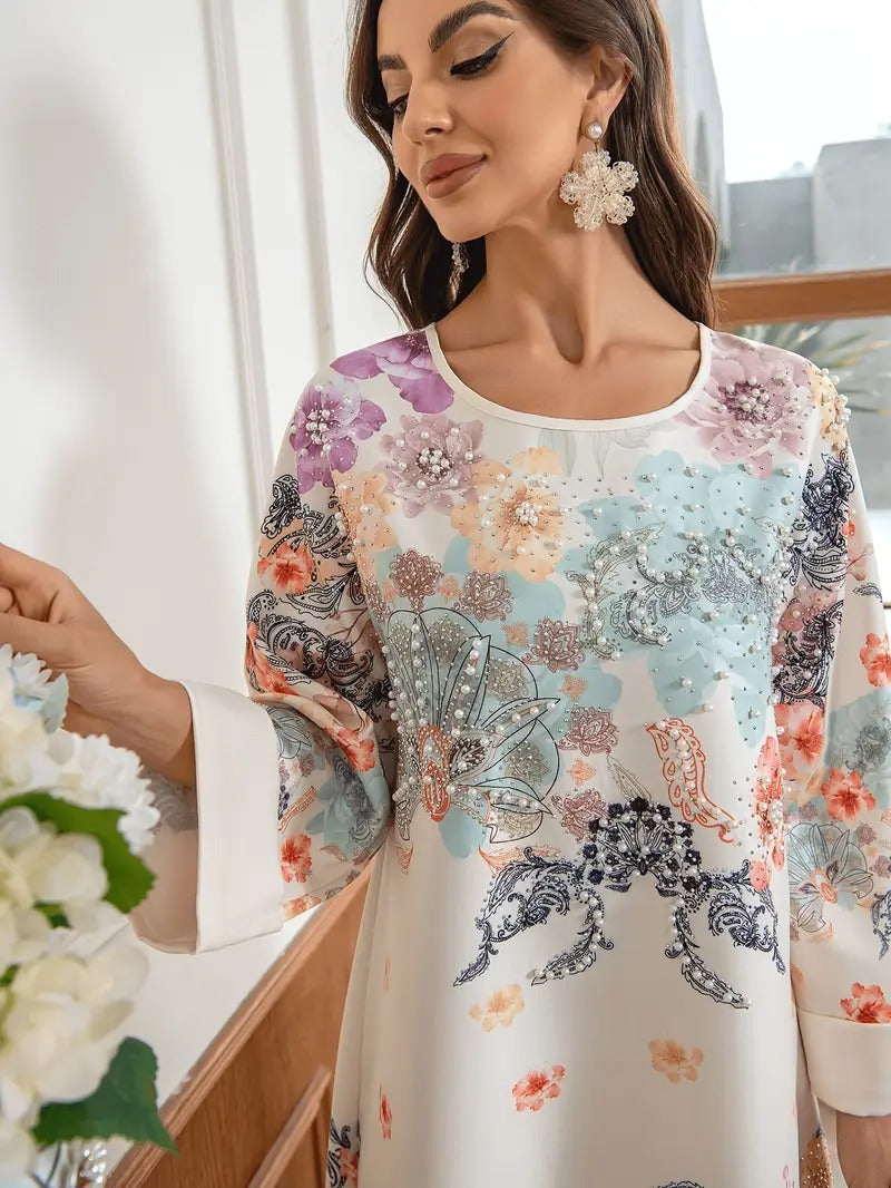 Robe caftan longue élégante à imprimé floral