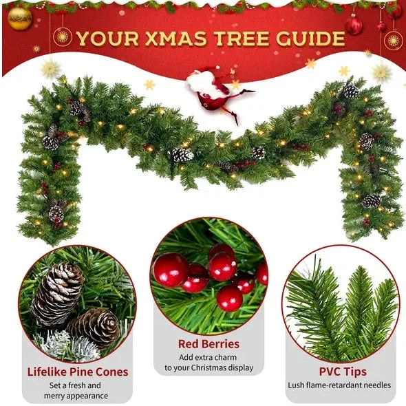Pre-lit Xmas Tree Artificial Christmas 4-Piece Set,Garland, Wreath And Set Of 2 Entrance Trees X-mas - Enfance-Heureuse