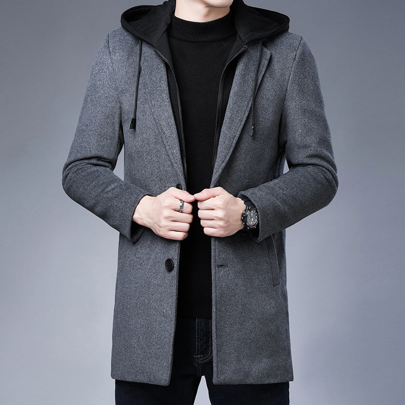 Mens Detachable Hooded Woolen Winter Coat Jacket Mid-Length Single Breasted - Enfance-Heureuse