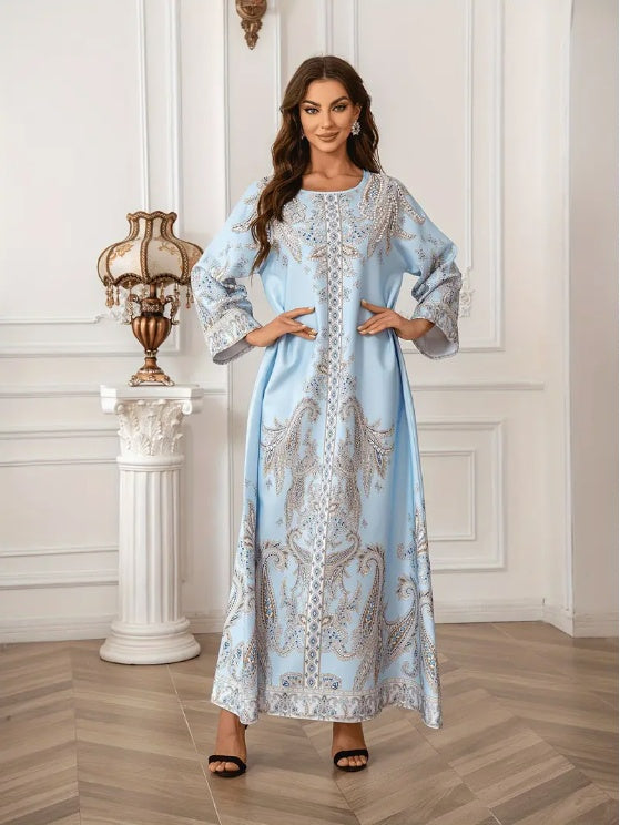Elegant Floral Print Long Sleeve Abaya Dress - Enfance-Heureuse