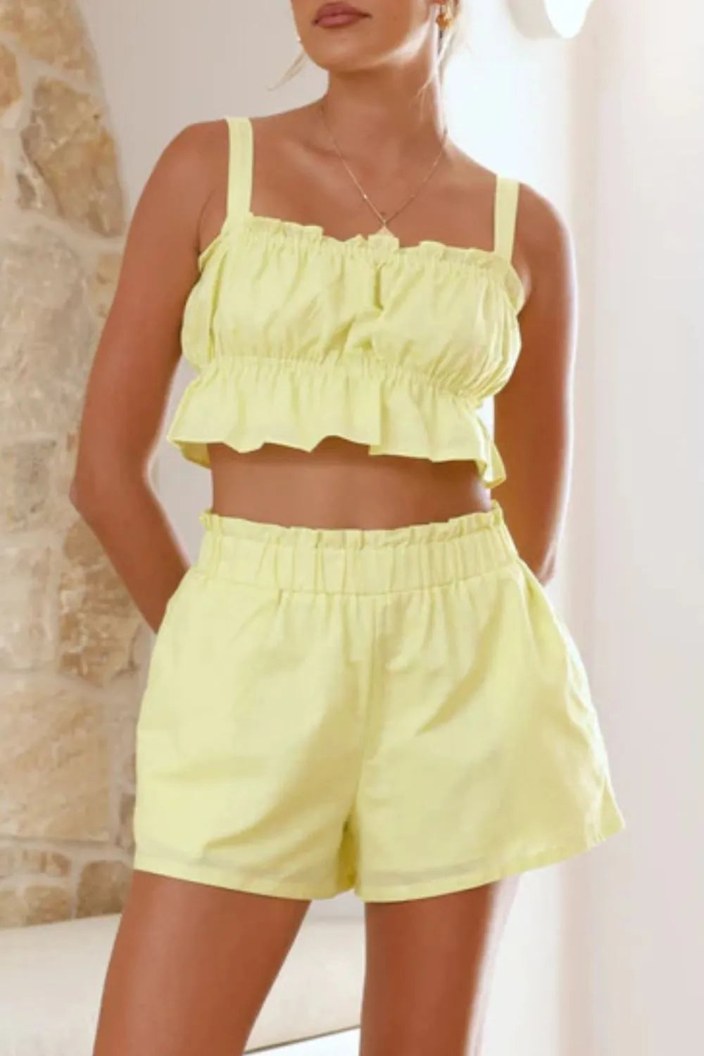 Ruffled Square Neck Cami and Shorts Set - Enfance-Heureuse