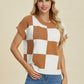 Double Take Full Size Checkered Round Neck Short Sleeve Sweater - Enfance-Heureuse