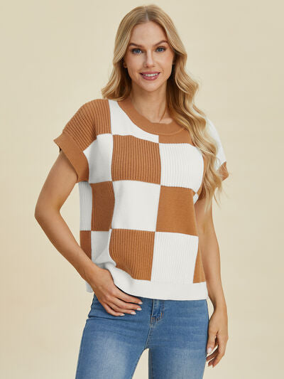 Double Take Full Size Checkered Round Neck Short Sleeve Sweater - Enfance-Heureuse