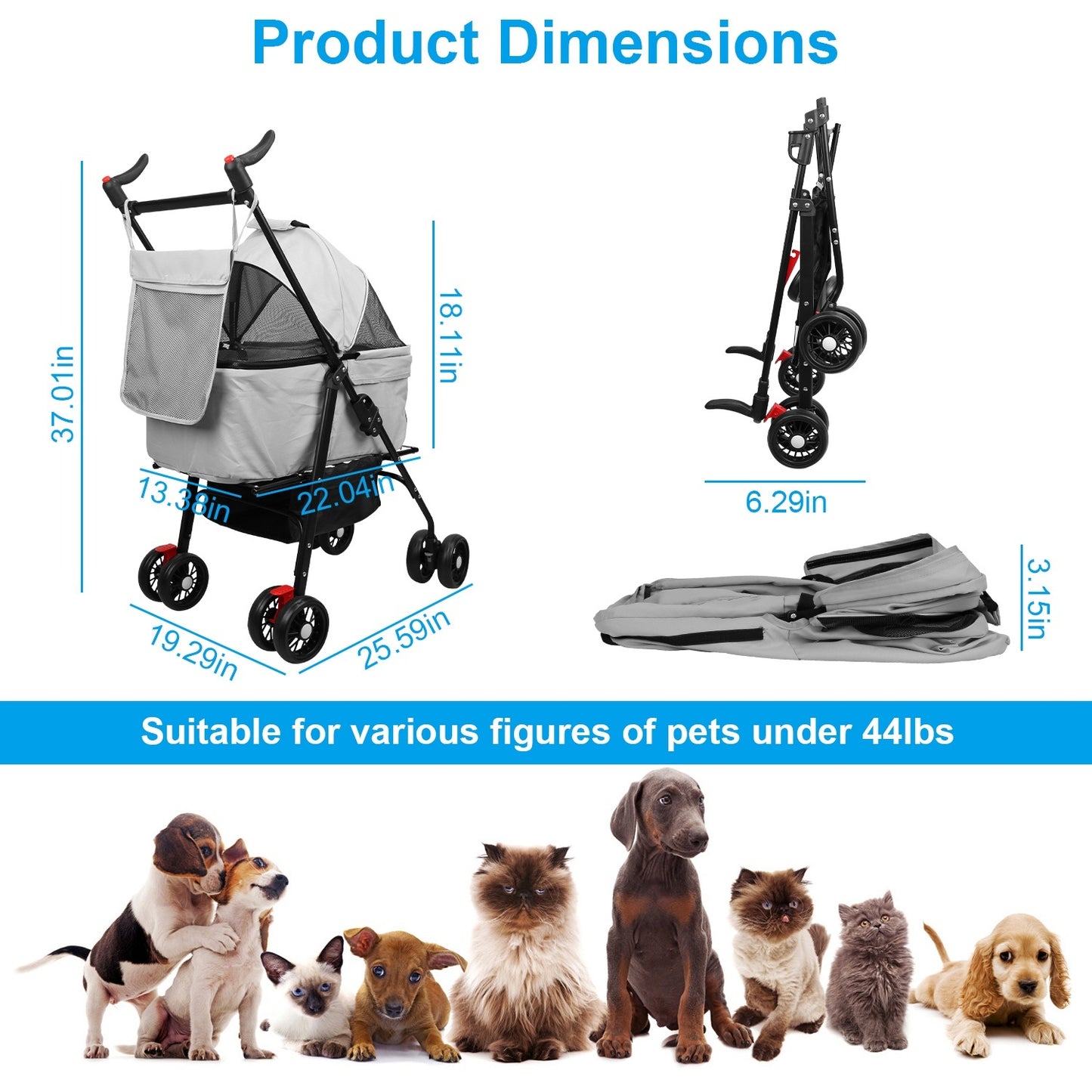 1Pc 4-Wheels Pet Stroller Foldable Carrier Strolling Cart Travel Jogger Pet Stroller With Removable Liner Storage Basket For Dog Cat - Enfance-Heureuse