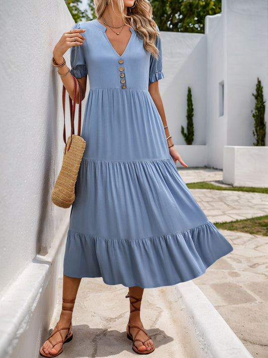 Perfee Decorative Button Notched Short Sleeve Midi Dress - Enfance-Heureuse