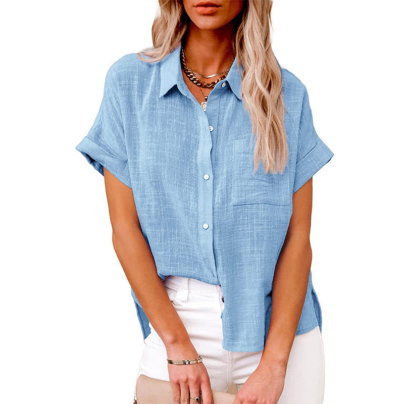 Summer Lapel Short Sleeve Shirt With Pockets Fashion Casual Solid Color Button Tops Women's Clothing - Enfance-Heureuse