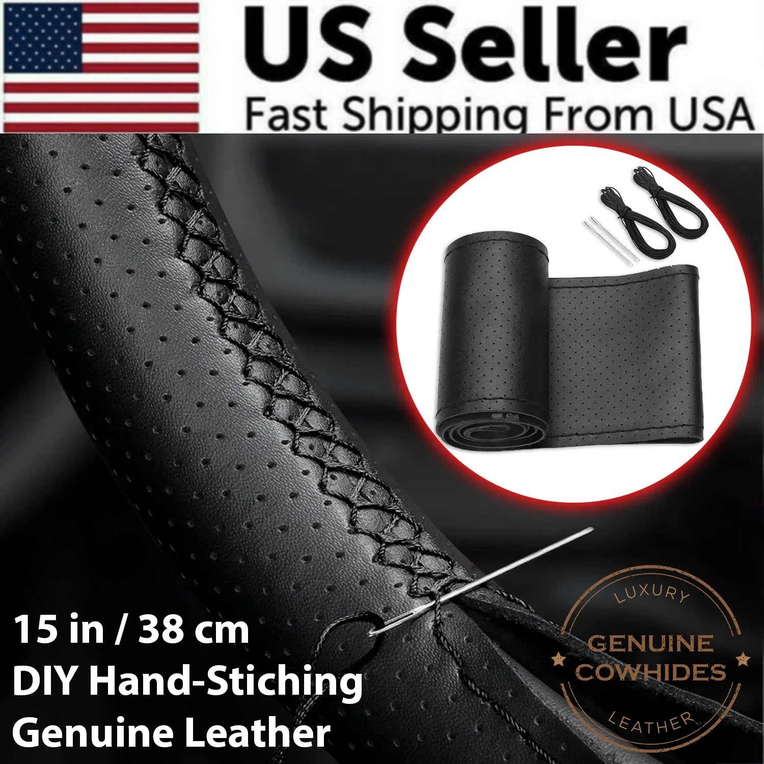 Genuine Leather DIY Car Steering Wheel Cover Anti-slip For Cm Black US - Enfance-Heureuse