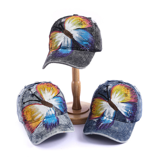 Gorra de béisbol con diseño de mariposa pintado a mano de comercio exterior, estilo retro europeo y americano, sencilla, para hombre y mujer, con visera para exteriores, estilo vaquero amazónico.