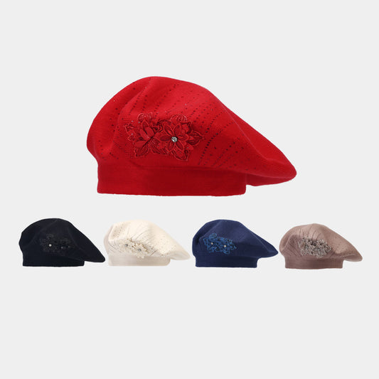 British Retro Beret Women's Fashion Flower Rhinestone Knitted Painting