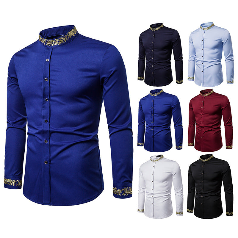 Gold Embroidery White Shirt Men Brand New Stand Collar Mens Dress Shirts Casual Slim Long Sleeve Chemise Homme Camisa Masculina - Enfance-Heureuse