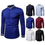 Gold Embroidery White Shirt Men Brand New Stand Collar Mens Dress Shirts Casual Slim Long Sleeve Chemise Homme Camisa Masculina - Enfance-Heureuse