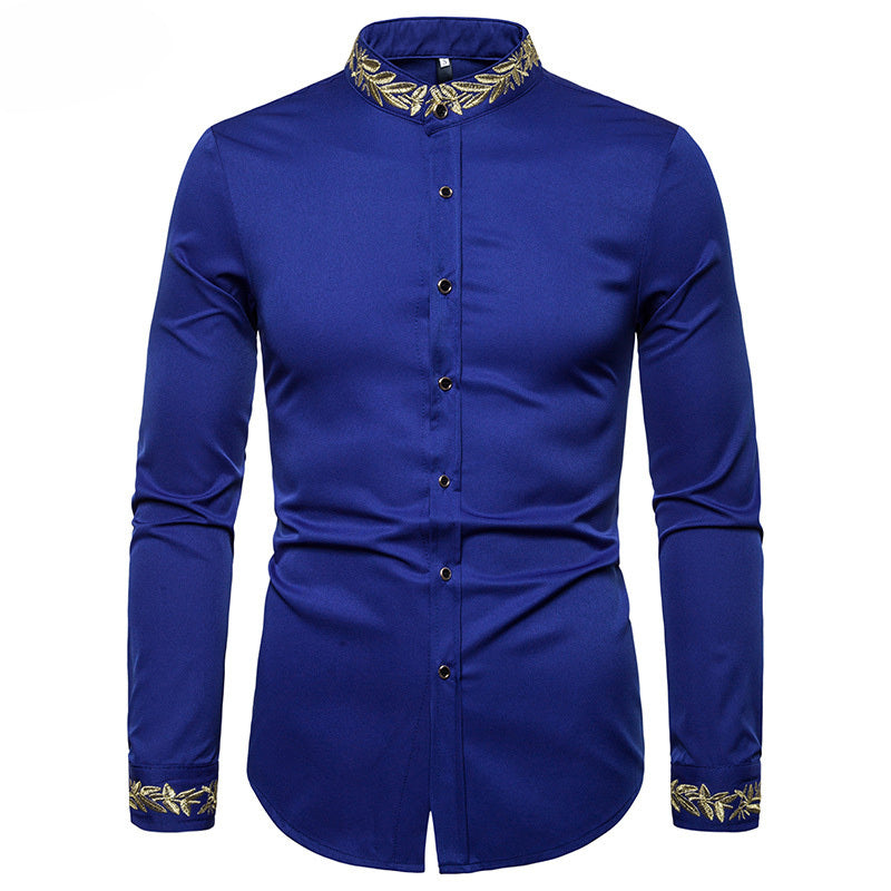 Gold Embroidery White Shirt Men Brand New Stand Collar Mens Dress Shirts Casual Slim Long Sleeve Chemise Homme Camisa Masculina - Enfance-Heureuse