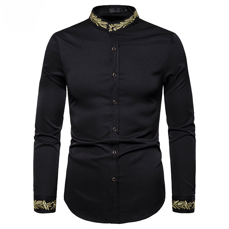 Gold Embroidery White Shirt Men Brand New Stand Collar Mens Dress Shirts Casual Slim Long Sleeve Chemise Homme Camisa Masculina - Enfance-Heureuse