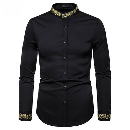 Gold Embroidery White Shirt Men Brand New Stand Collar Mens Dress Shirts Casual Slim Long Sleeve Chemise Homme Camisa Masculina - Enfance-Heureuse