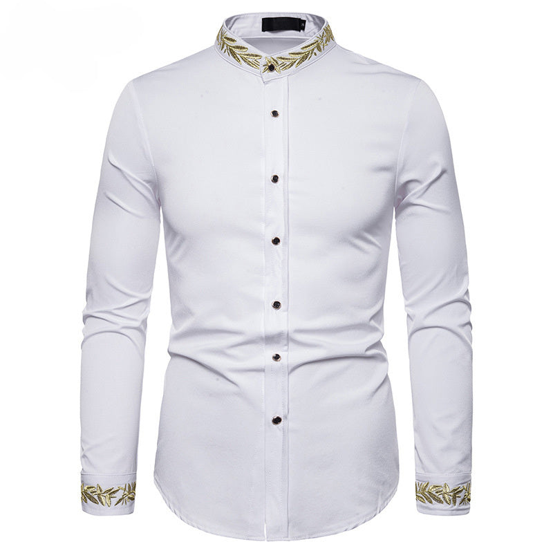 Gold Embroidery White Shirt Men Brand New Stand Collar Mens Dress Shirts Casual Slim Long Sleeve Chemise Homme Camisa Masculina - Enfance-Heureuse