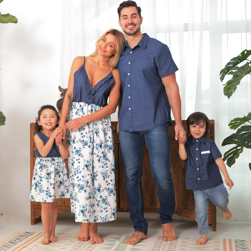 Family Matching Family Denim Sling Skirt Baby Girl Mom Dad Boy Boy Shirt Parent-Child - Enfance-Heureuse