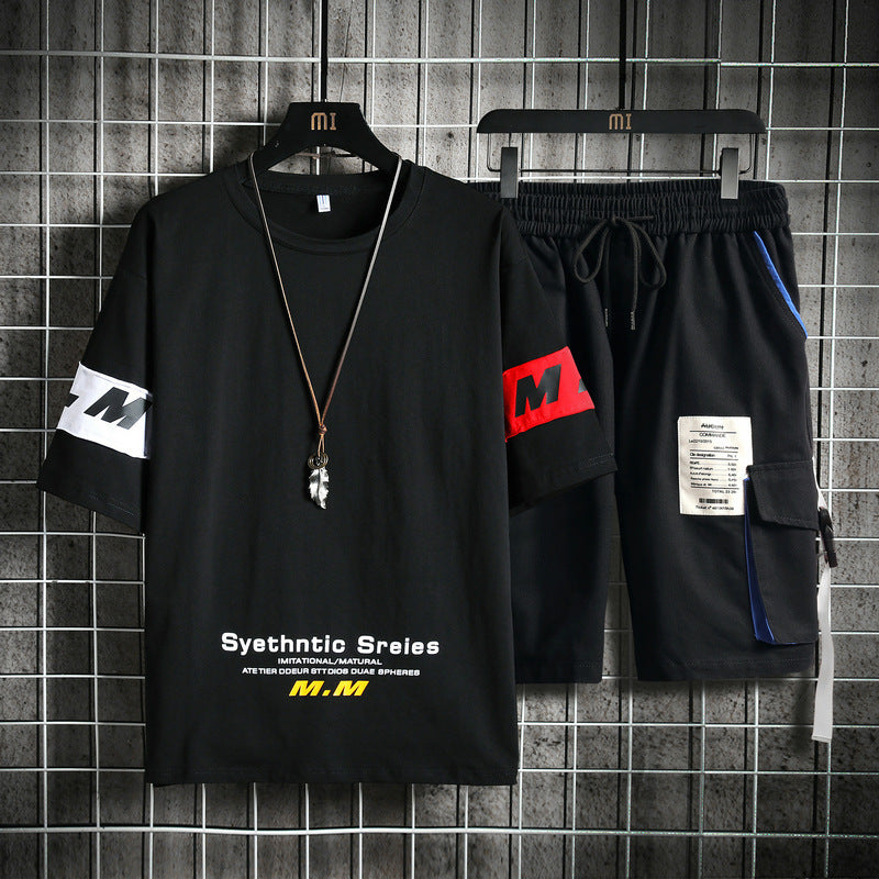 Summer Men's Sets Track Suit Mens Casual Loose Short-sleeved T-shirt Shorts 2-piece Sets Cotton Print Large Size - Enfance-Heureuse