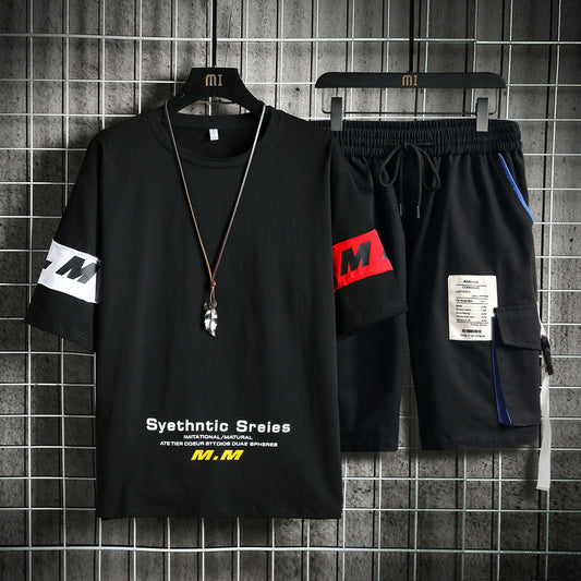 Summer Men's Sets Track Suit Mens Casual Loose Short-sleeved T-shirt Shorts 2-piece Sets Cotton Print Large Size - Enfance-Heureuse