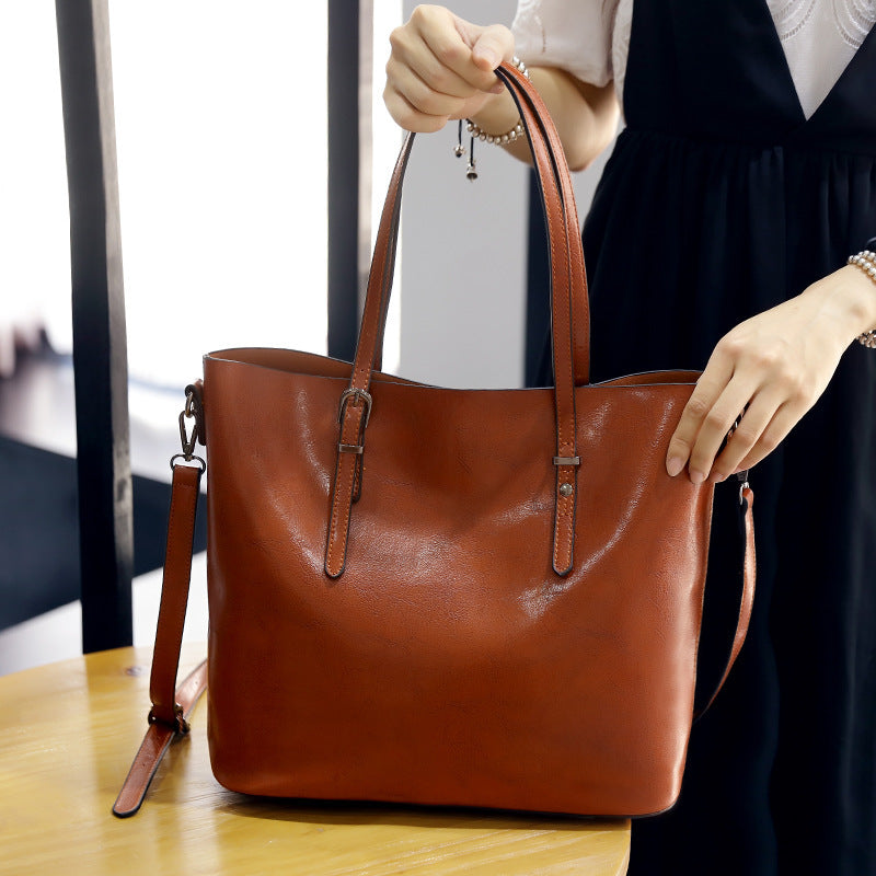 Simple Oil Wax Leather Messenger Shoulder Bags Women's High Capacity Portable Tote Bag - Enfance-Heureuse