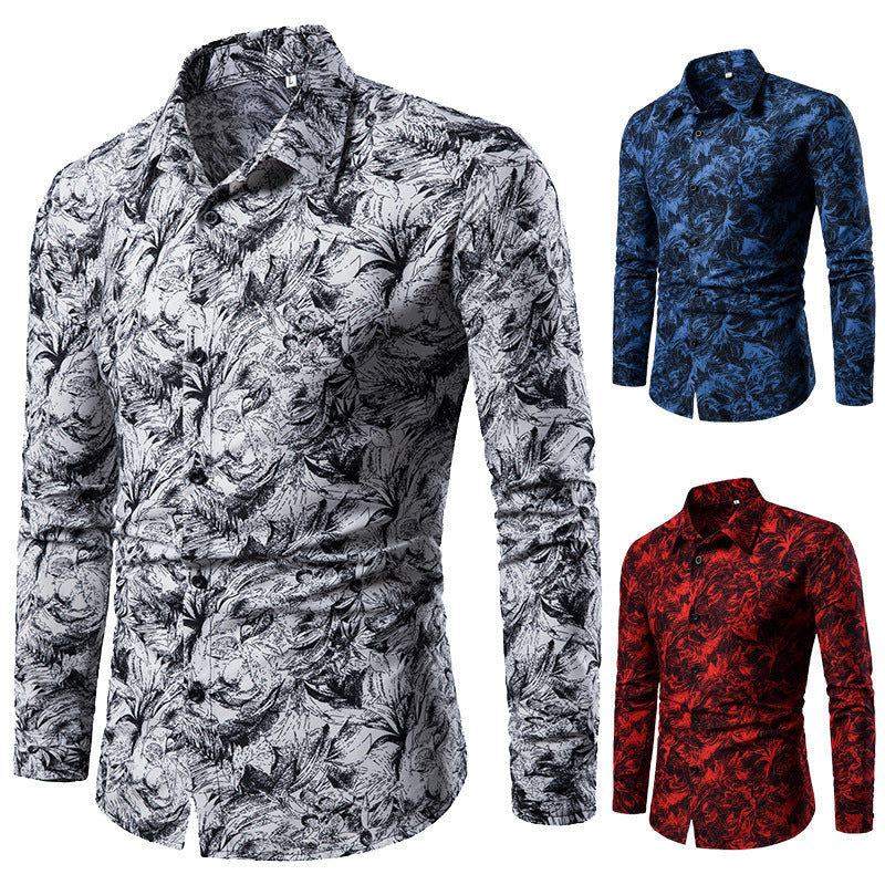 Autumn and Winter Mens Shirt Printed Casual Long Sleeved Shirt Slim Fit Male Social Dress Shirt For Men - Enfance-Heureuse