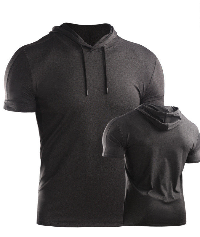 Mens Muscle Hooded Hoodies Short Sleeve T-shirt Sports GYM Slim Fit Tops Blouse - Enfance-Heureuse