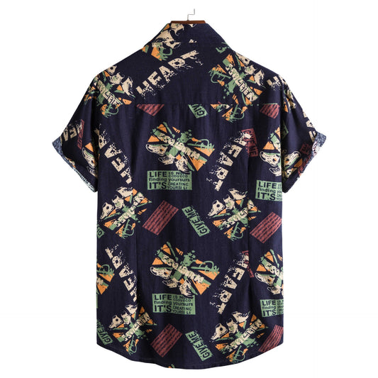 Vintage Letter Print Turn-down Collar Shirts Men Casual Short Sleeve Tops Summer Mens Button Loose Shirt Fashion Streetwear - Enfance-Heureuse