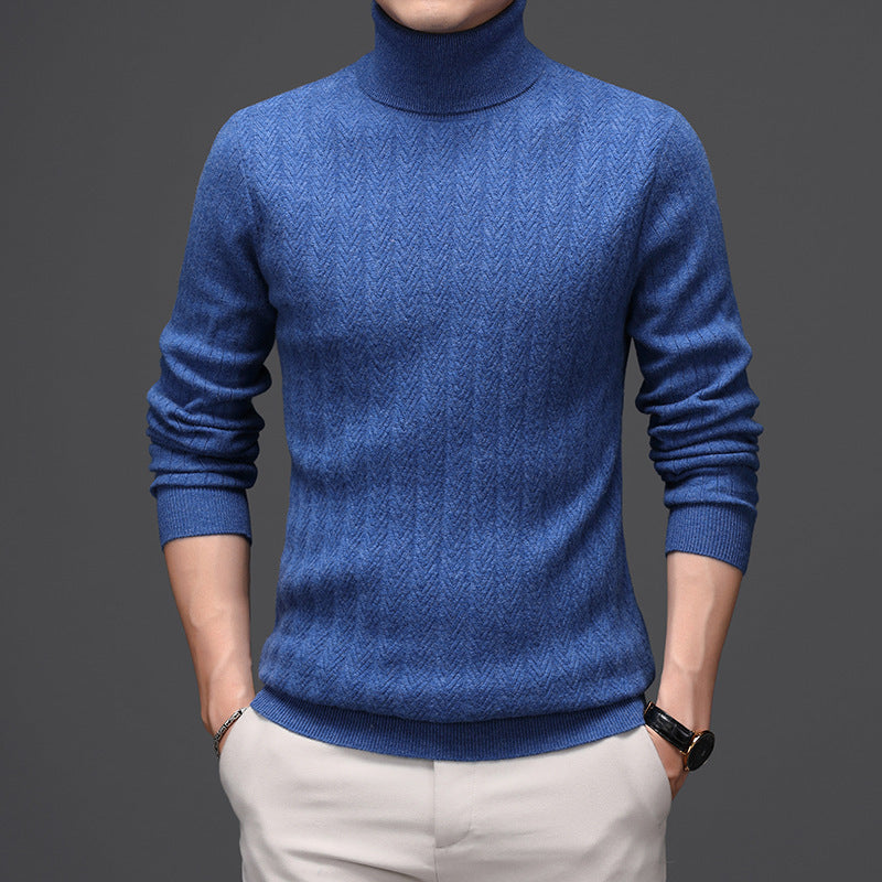 Pure Wool Mens High Neck Warm Sweater Thick Striped Pullover Sweater - Enfance-Heureuse