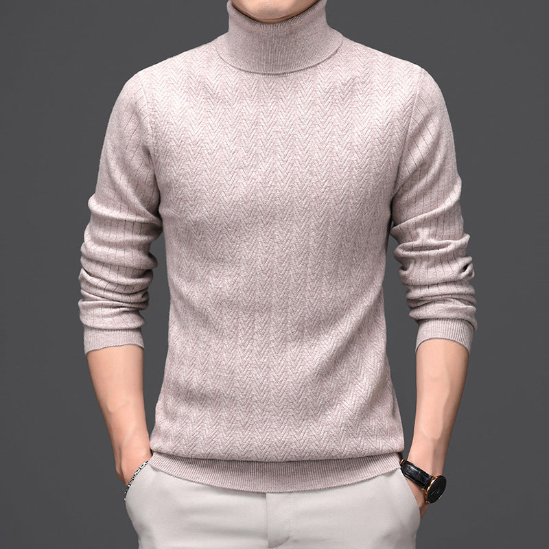 Pure Wool Mens High Neck Warm Sweater Thick Striped Pullover Sweater - Enfance-Heureuse