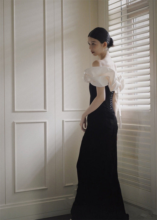 French Satin Evening Dress New Bridal Off-shoulder Elegant Fishtail Welcome Dress - Enfance-Heureuse