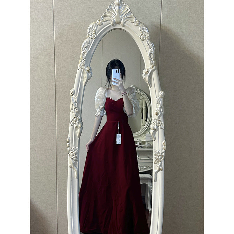 Small Plus Size Wine Red Puff Sleeve Princess High-grade Evening Dress - Enfance-Heureuse