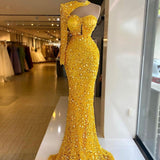 Sequined Pearl Embroidery Lace Asymmetric Single Sleeve Dress - Enfance-Heureuse