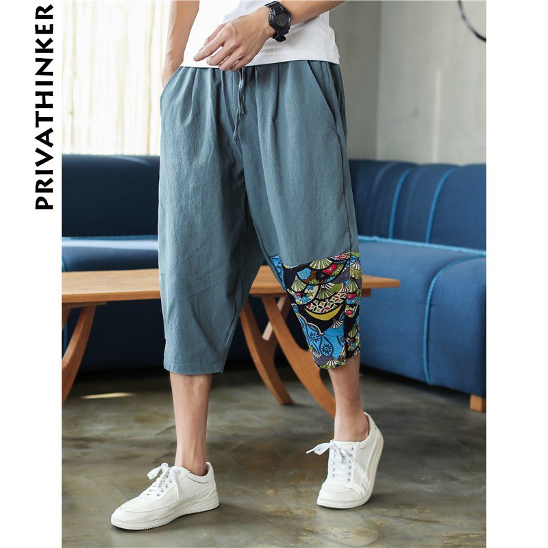 Sinicism Shop Mens Cotton Linen Harem Pants Male Casual Red Bottom Calf-Length Pants Man Summer Harajuku Baggy Loose Pants - Enfance-Heureuse