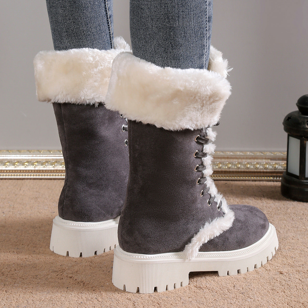 Winter Lace-up Snow Boots For Women Mid-tube Fleece Shoes Warm Chunky Heels Plush Boot - Enfance-Heureuse