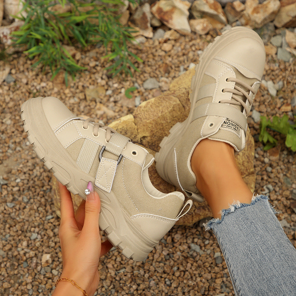 Lace-up Canvas Shoes With Hook Design Fashion Breathable Thick-soled Round-toe Casual Shoes For Women Sneakers - Enfance-Heureuse