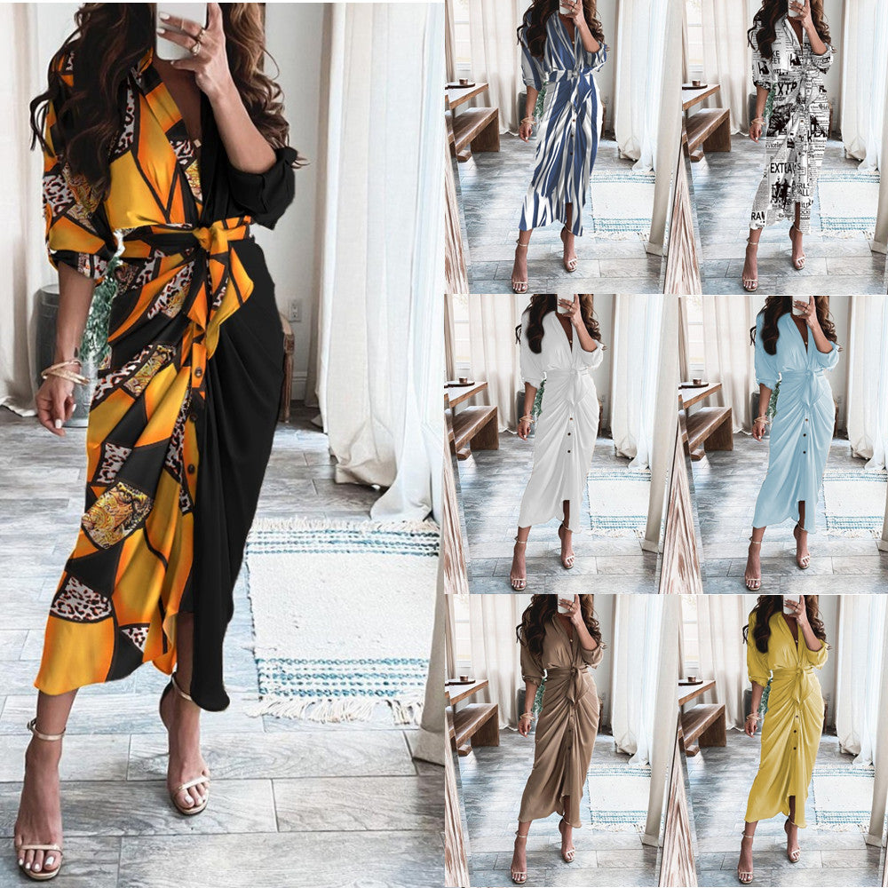 Long Sleeve V Neck Button Print Long Dress Women's - Enfance-Heureuse