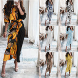 Long Sleeve V Neck Button Print Long Dress Women's - Enfance-Heureuse