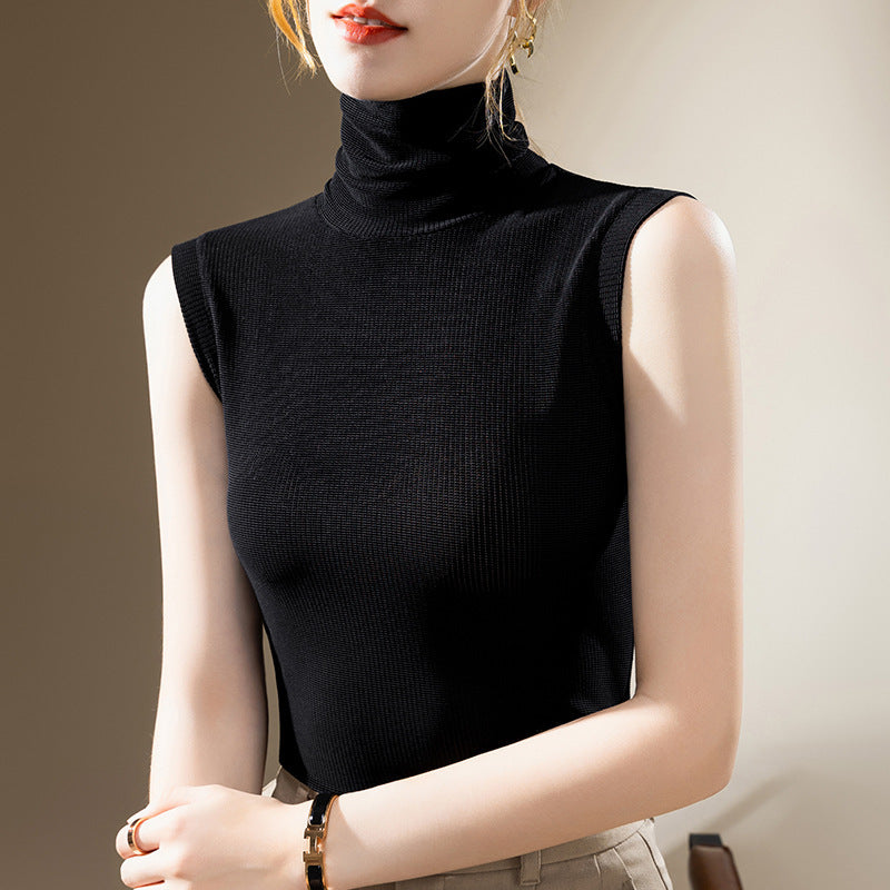 Ladies New Turtleneck Grenadine Solid Color Waist Tight Sleeveless Top - Enfance-Heureuse