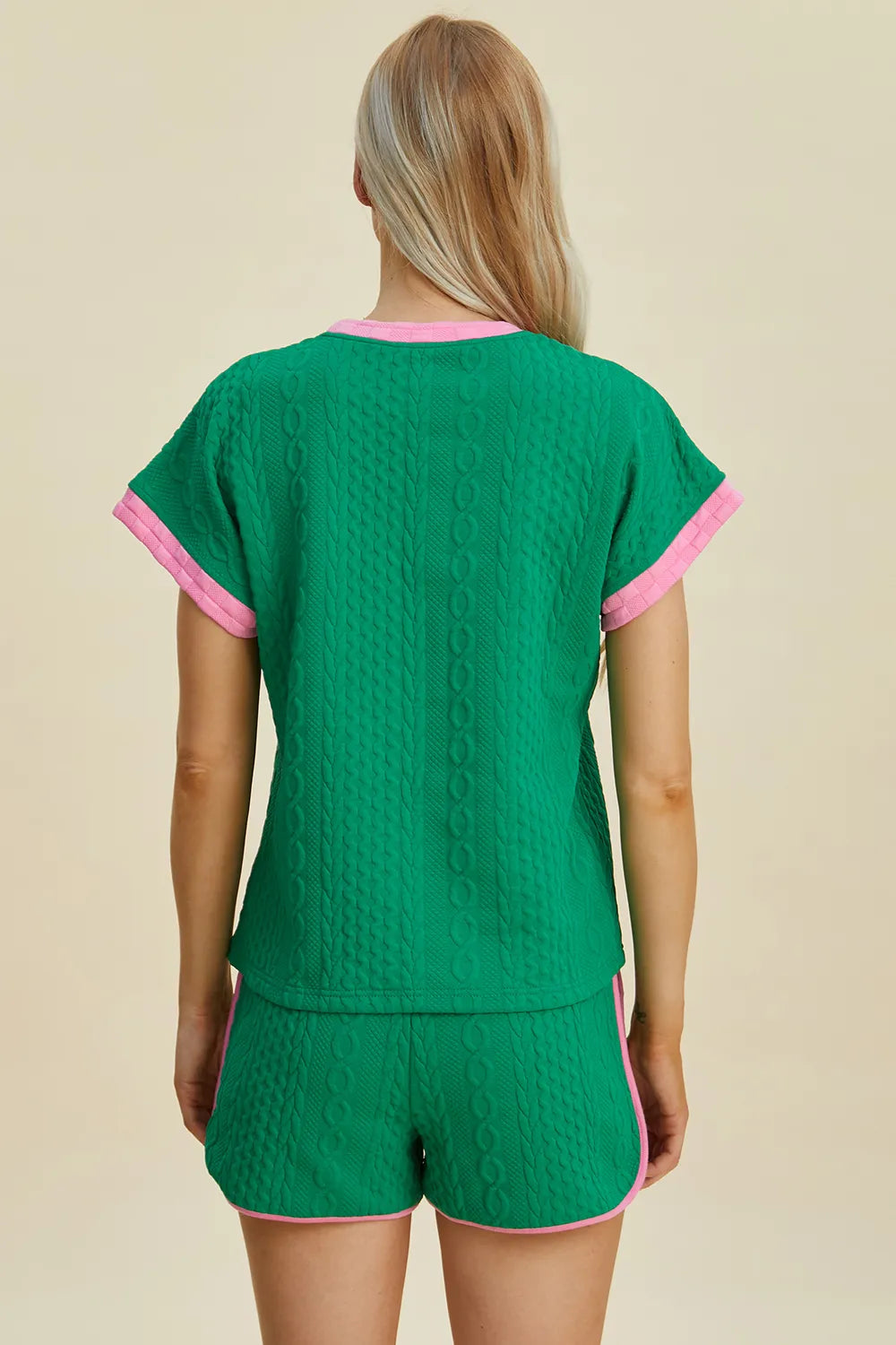 Double Take Full Size Texture Contrast T-Shirt and Shorts Set - Enfance-Heureuse