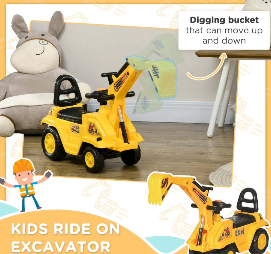 3-in-1 Ride On Excavator Digger Scooter & Pulling Cart, Construction Pretend Play Toy For Kids - Enfance-Heureuse