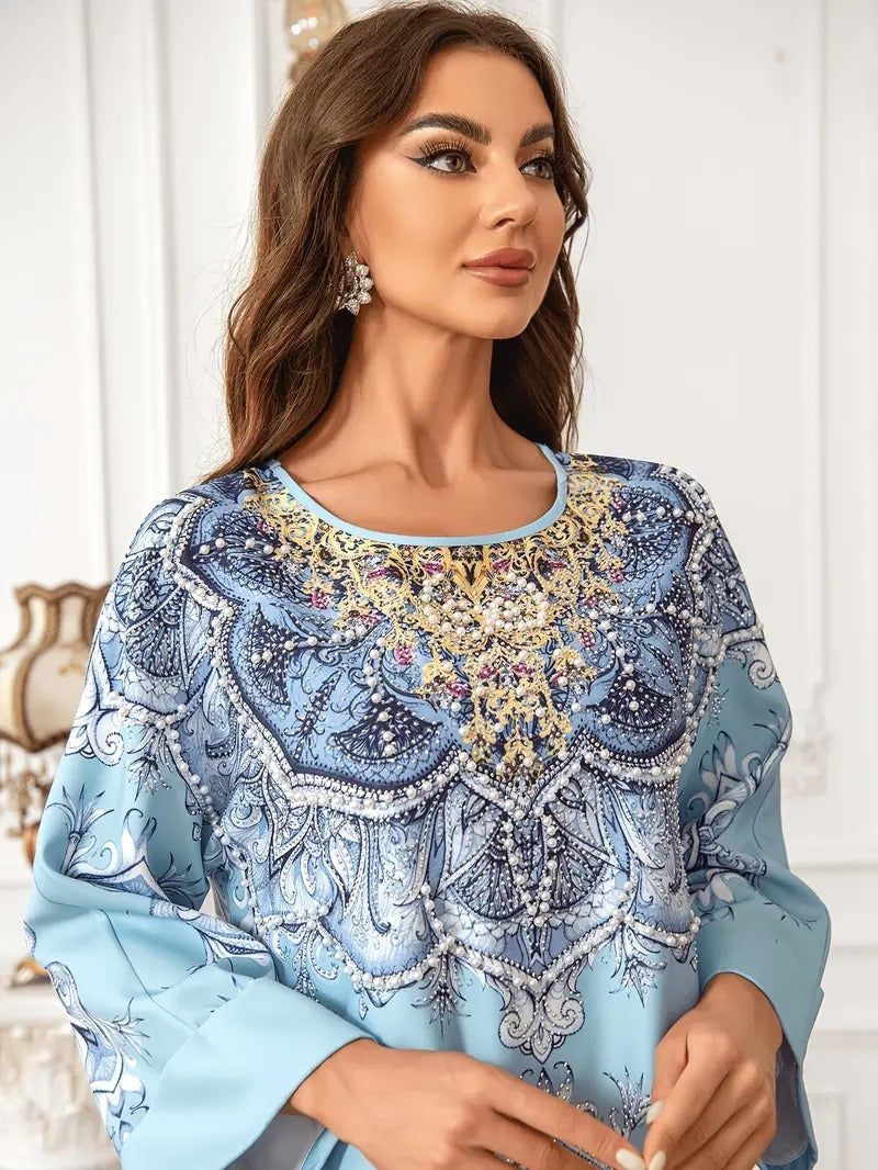 Printed Lace Detail Abaya Long Sleeved Extra Long Dress - Enfance-Heureuse