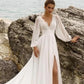 European And American High Waist Plus Size Deep V Long Sleeve Mopping Backless Wedding Dress High Slit - Enfance-Heureuse