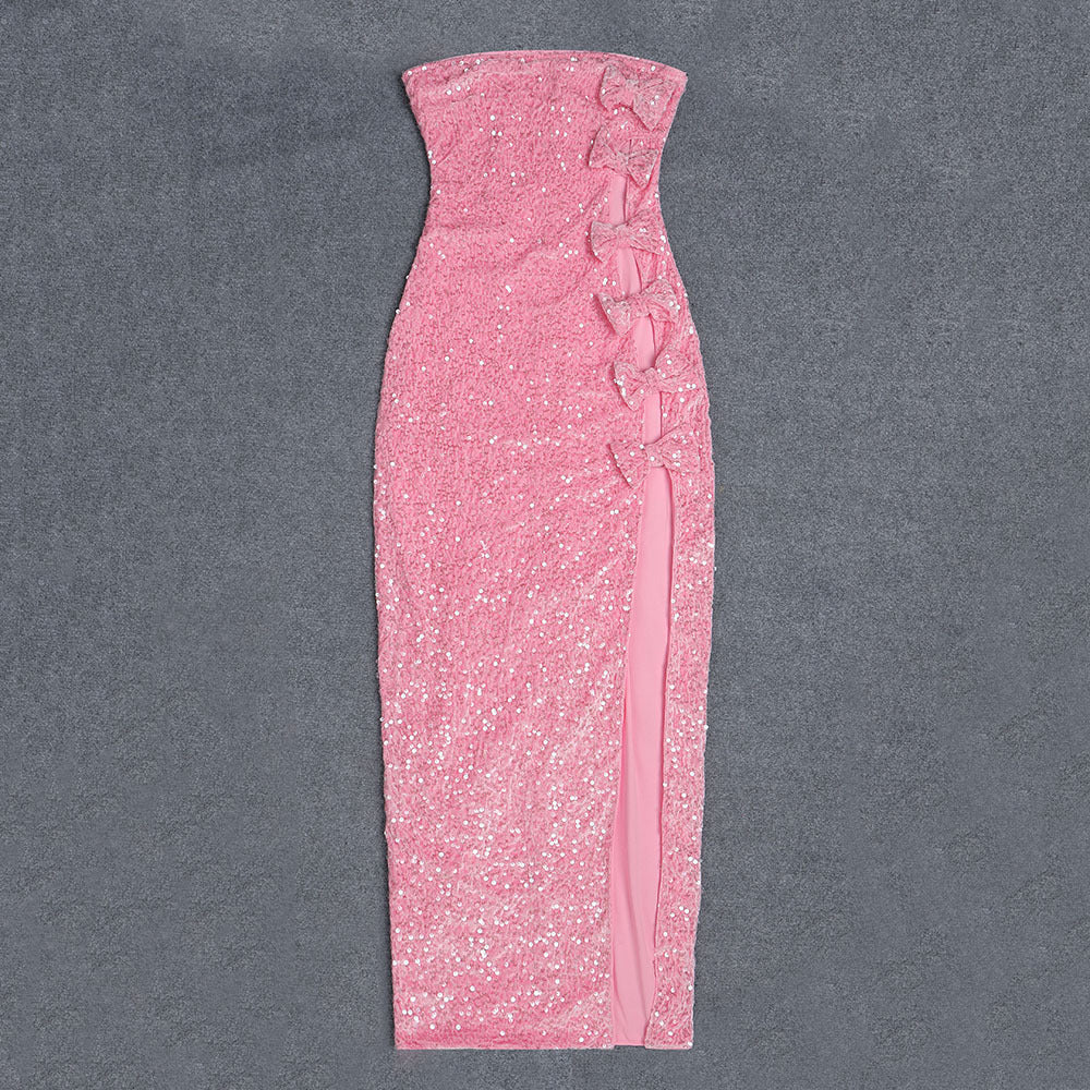 Women's Off-shoulder Slimming Sequins Backless Bow Split Tight Long Dress - Enfance-Heureuse