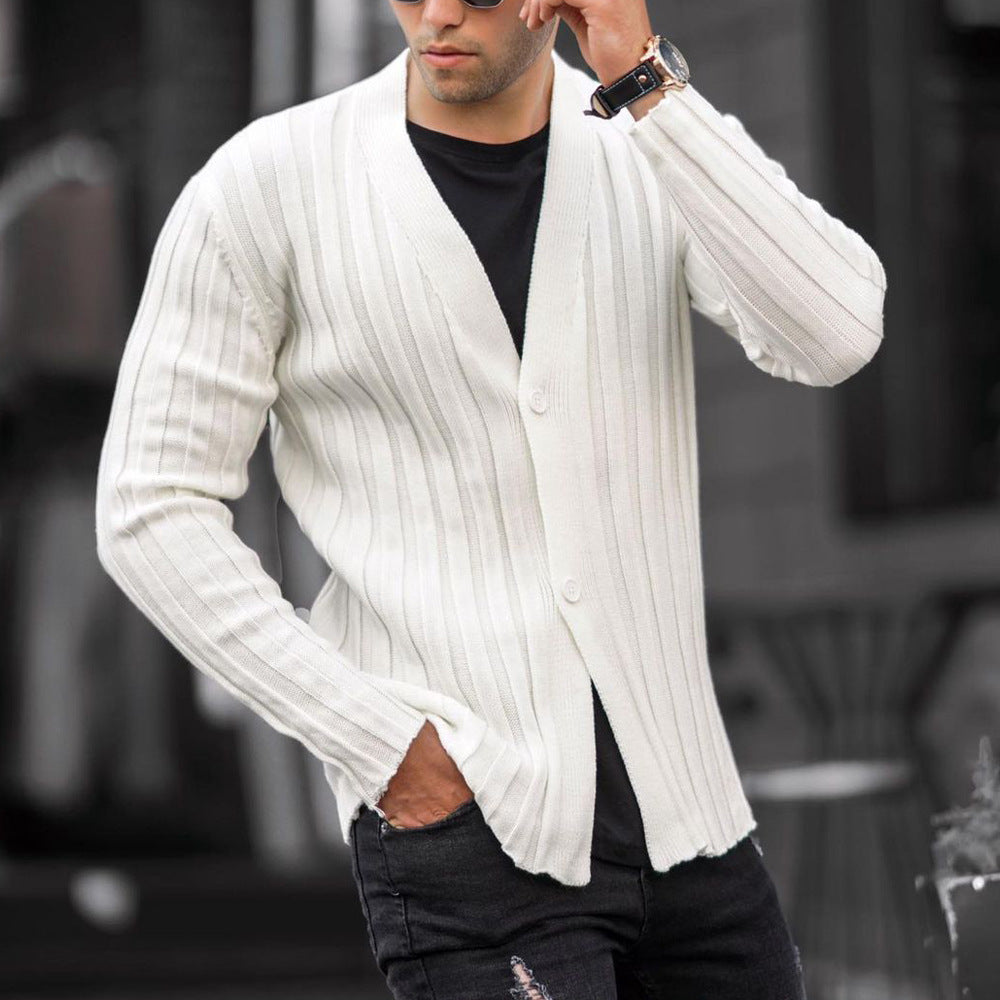 European And American Men's Solid Color Cardigan Pit Strip Casual Slim Sweater Knit Sweater - Enfance-Heureuse